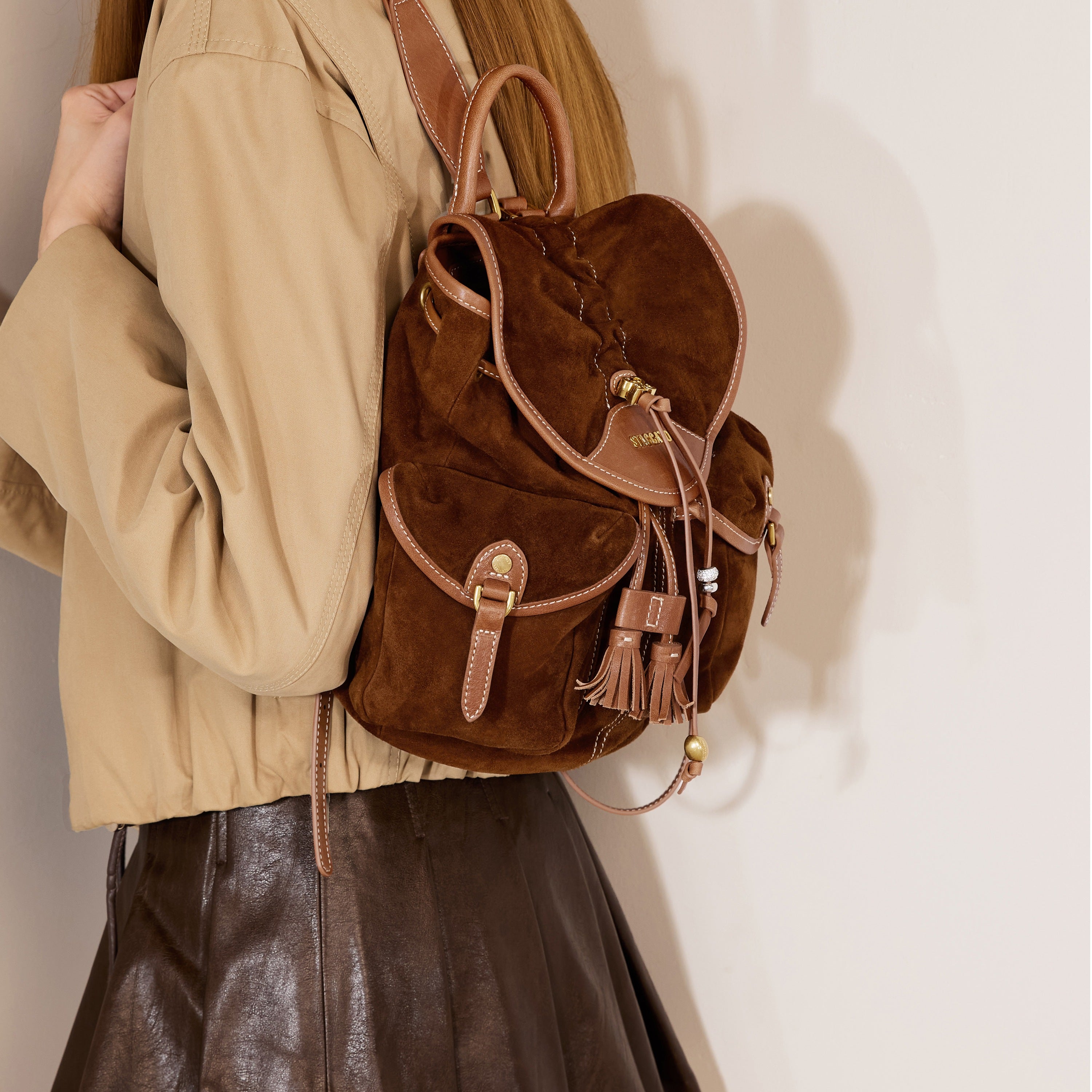 Suede Drawstring Tassel Pocket Backpack