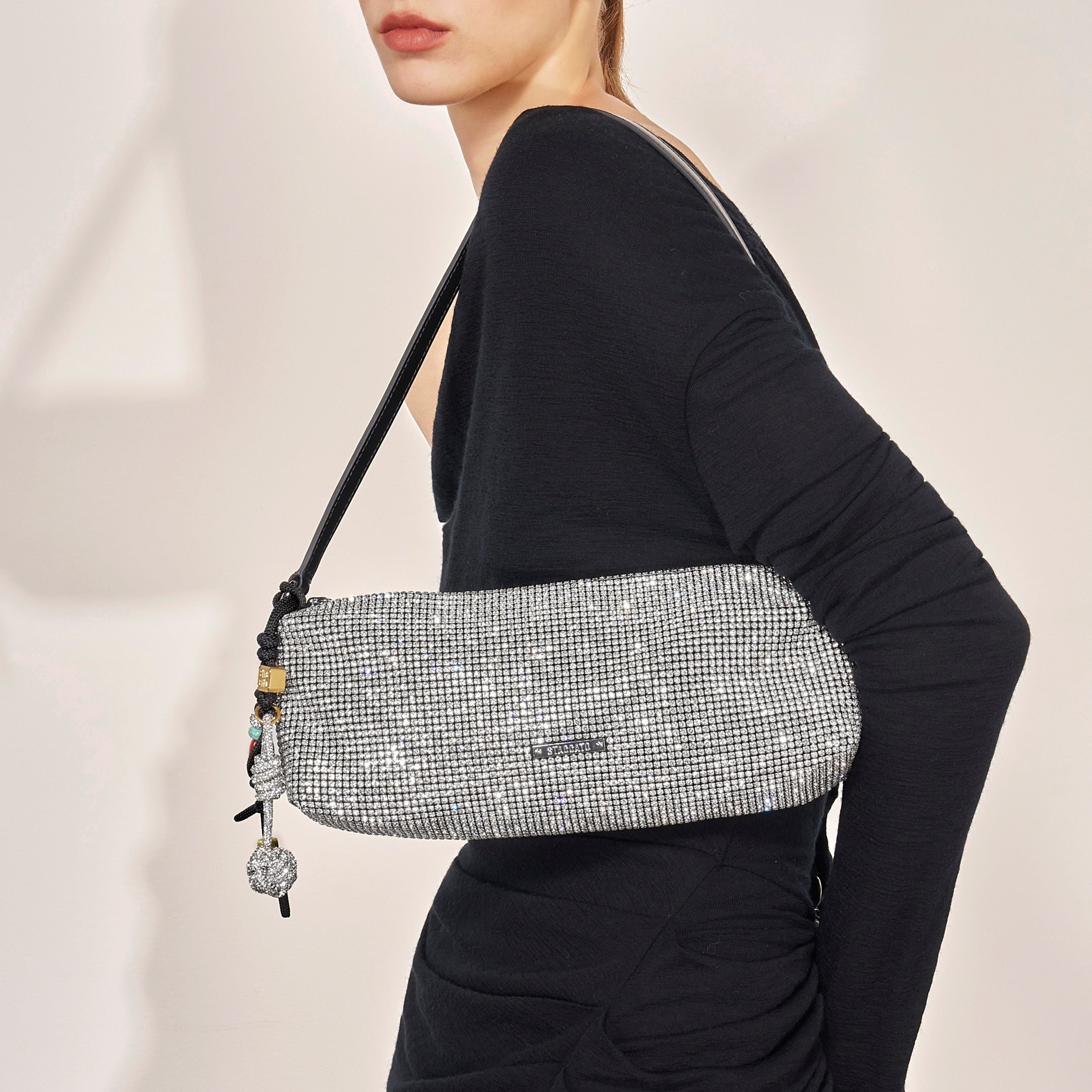 White Rhinestone Charm Shoulder Bag