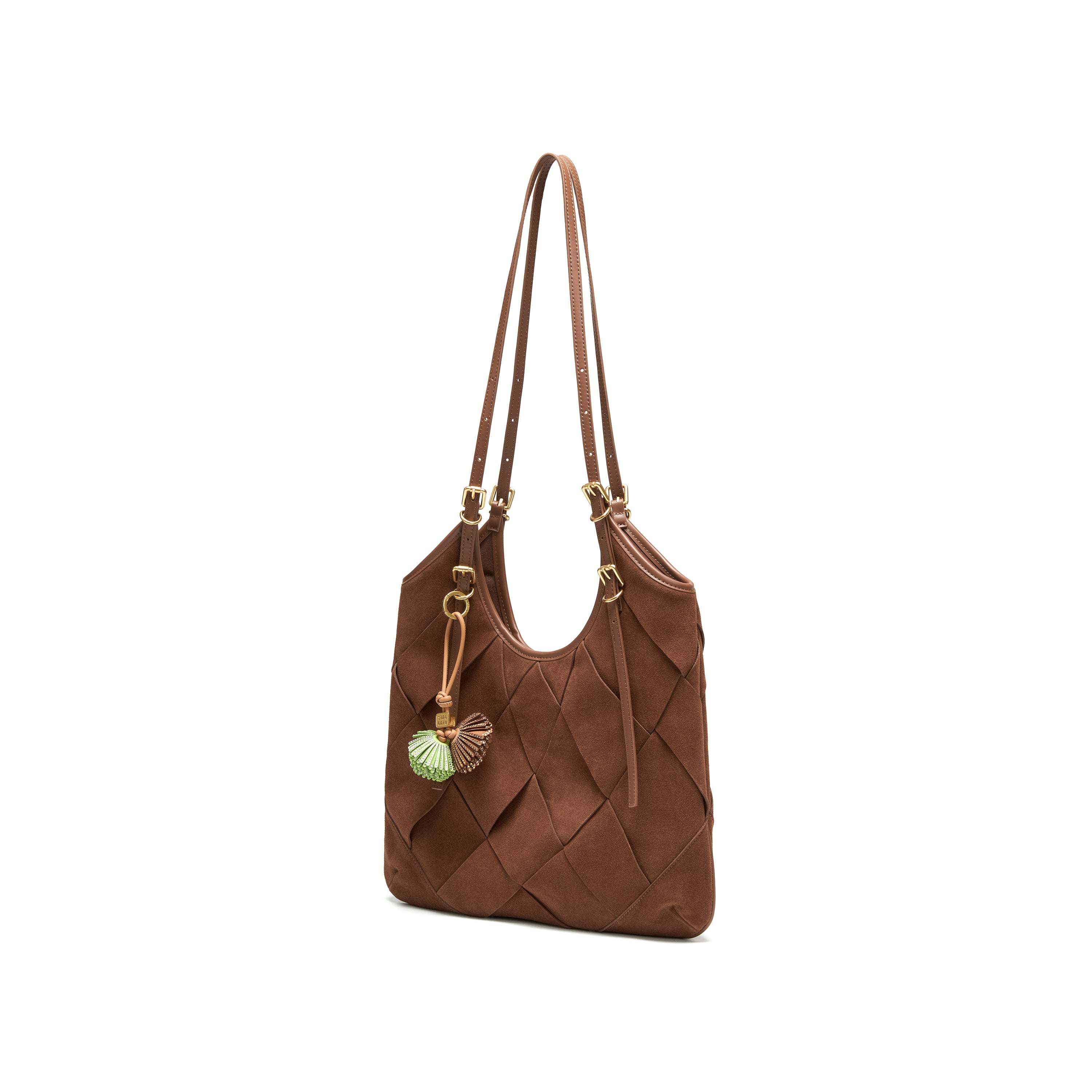 Woven Leather Charm Shoulder Tote Bag