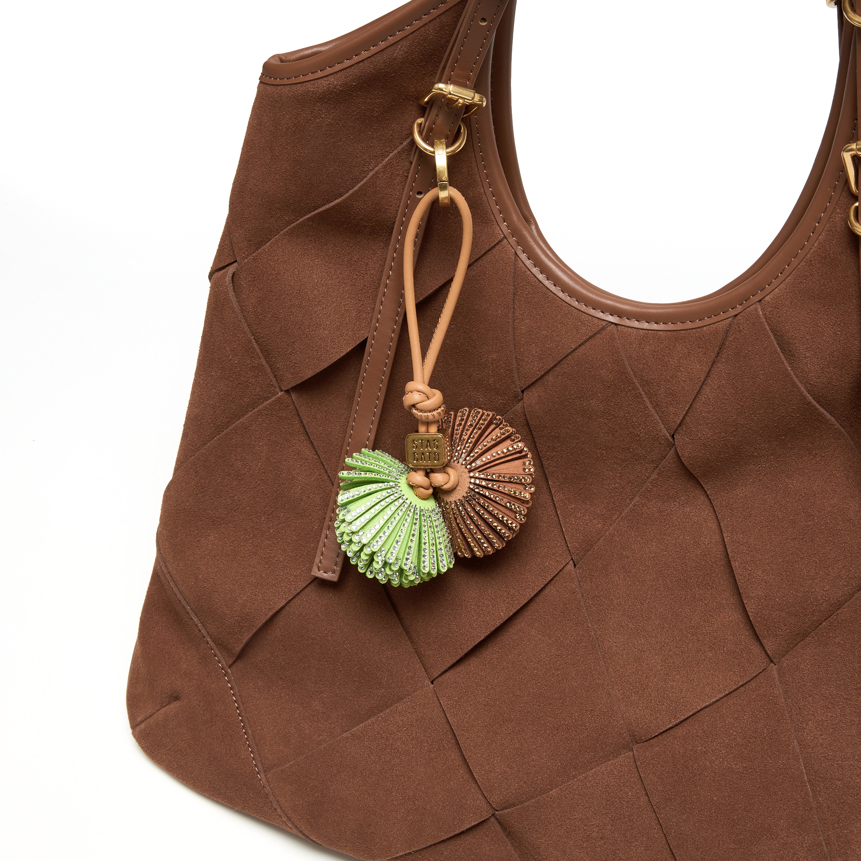Woven Leather Charm Shoulder Tote Bag