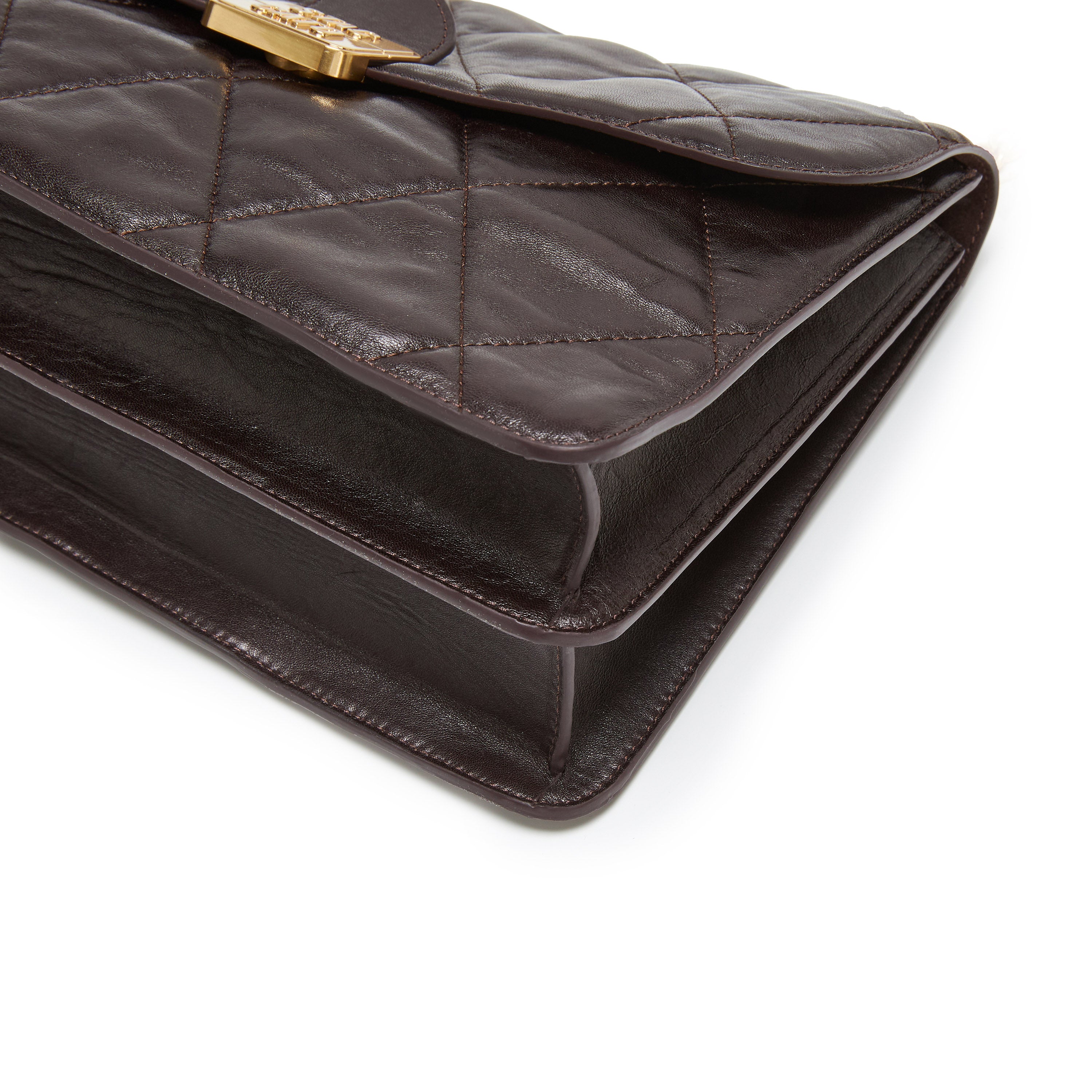 Brown Quilted Leather Chain Flap Shoulder Bag
