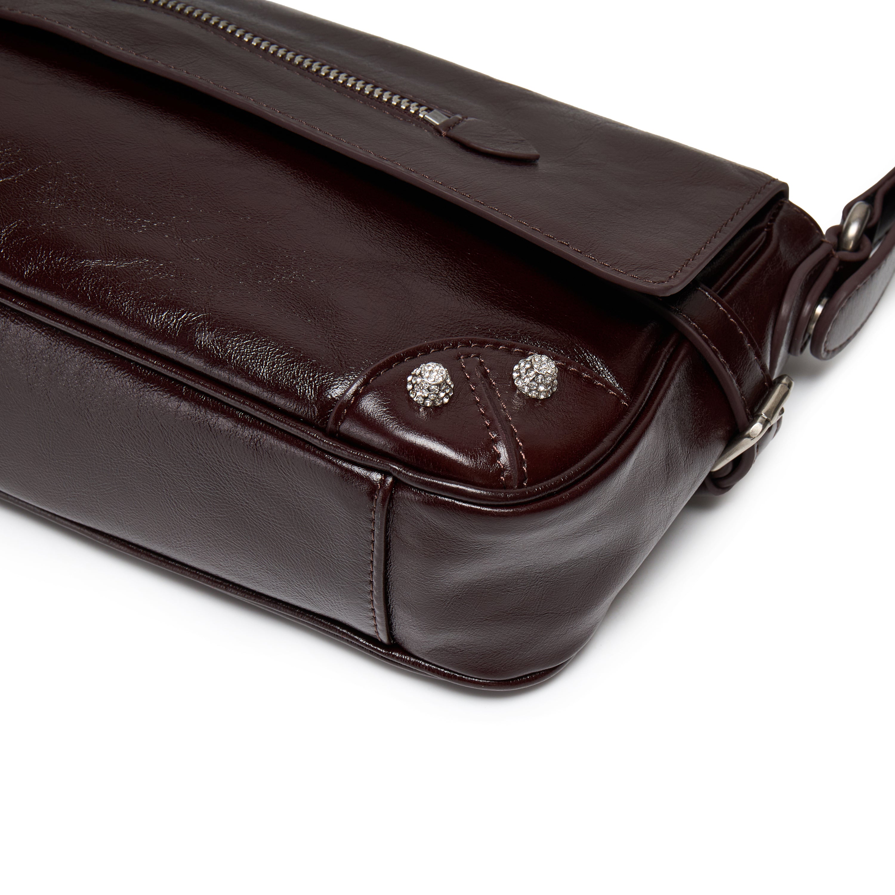 Rusty Brown Vintage Studded Zip Leather Baguette Bag