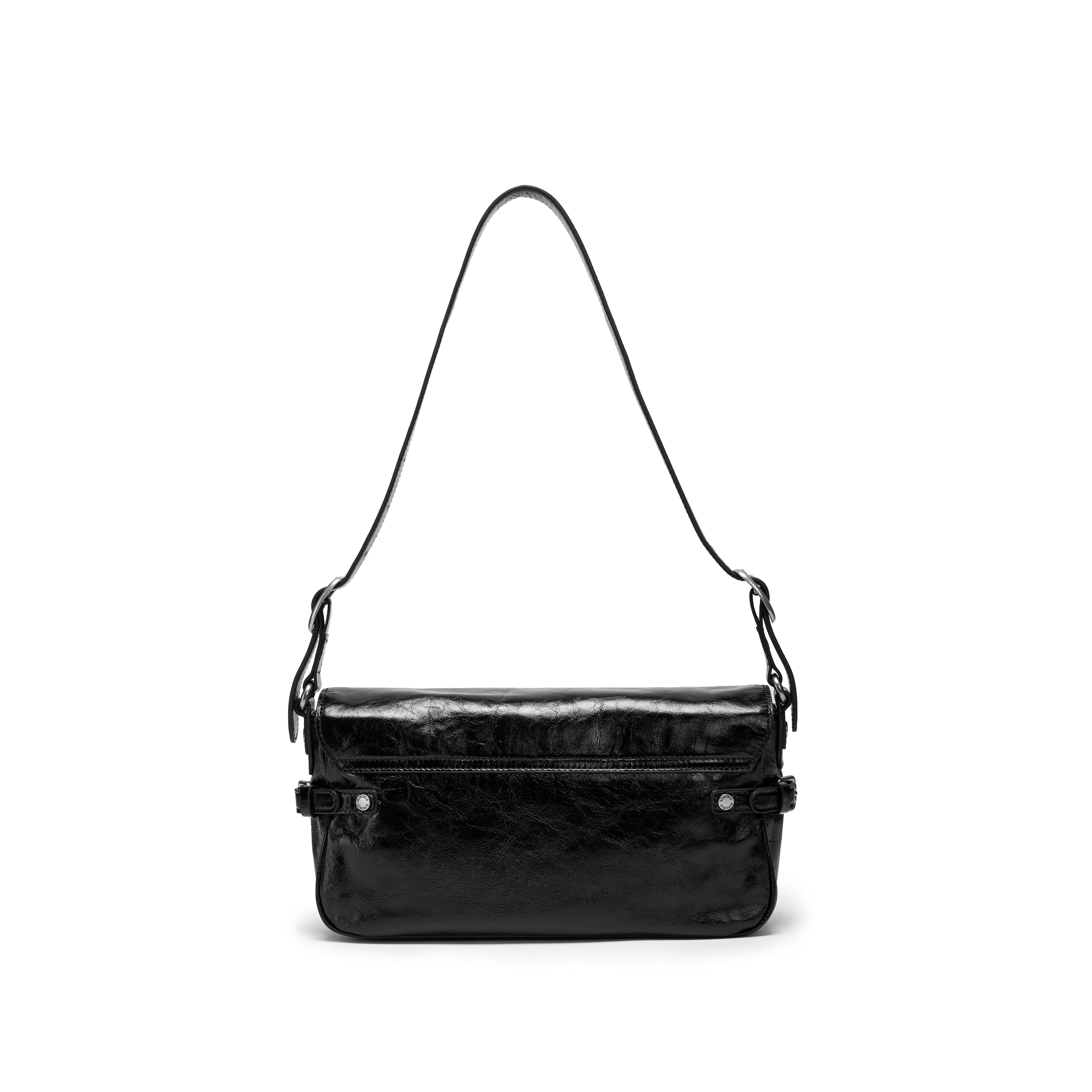 Black Vintage Studded Zip Leather Baguette Bag