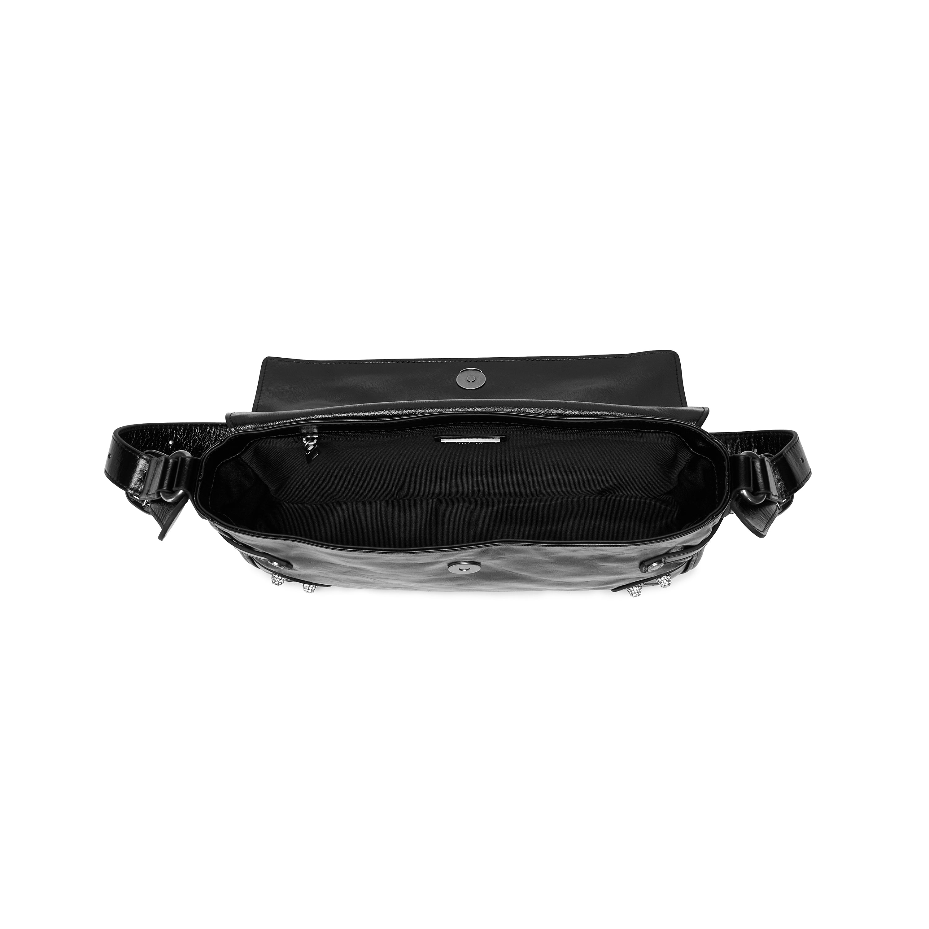 Black Vintage Studded Zip Leather Baguette Bag