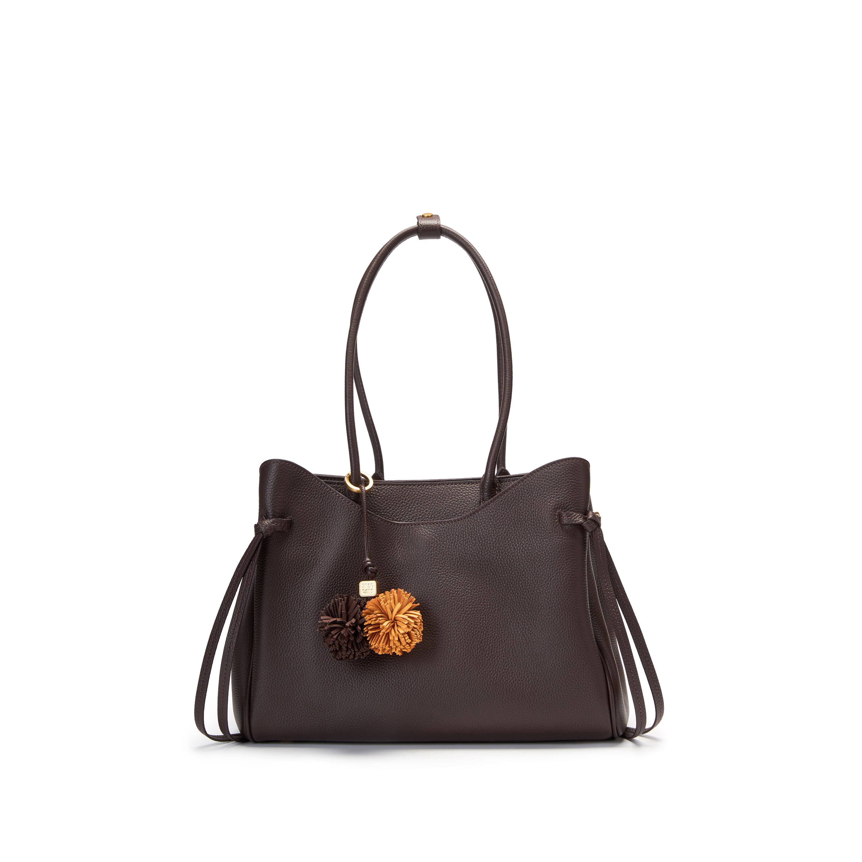 Brown Pebbled Leather Knotted Tote Bag with Charm