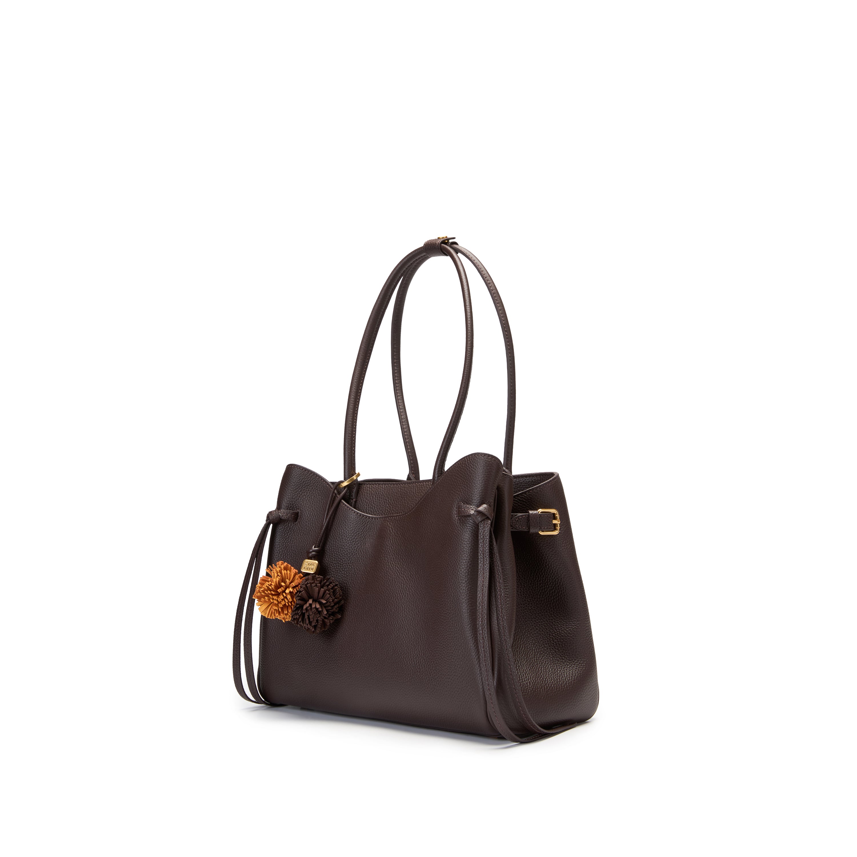 Brown Pebbled Leather Knotted Tote Bag with Charm