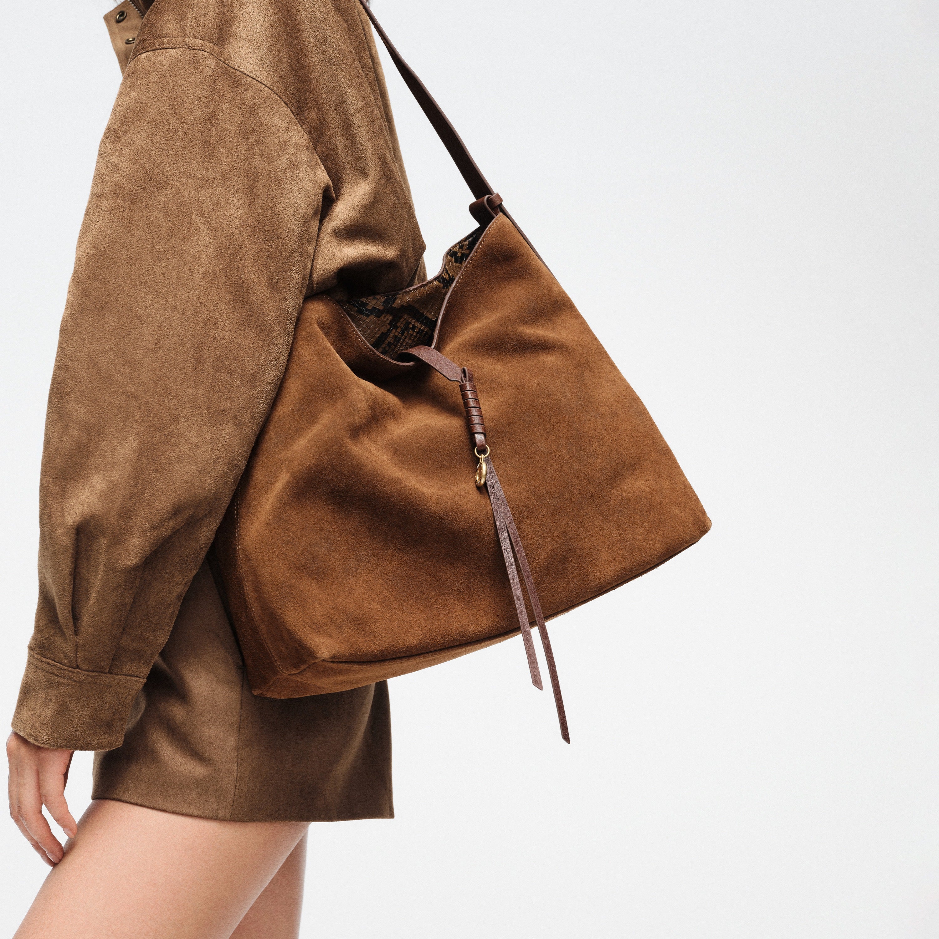 Brown Suede Slouchy Hobo Bag with Fireworks Charm