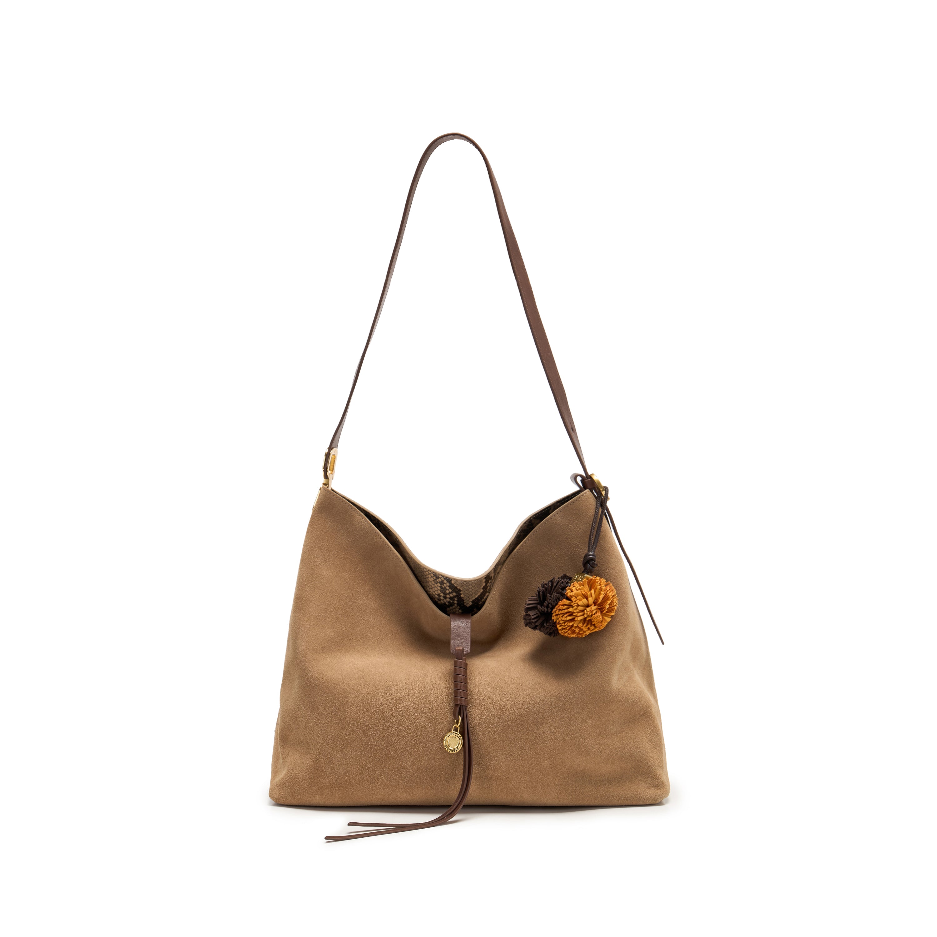 Beige Suede Slouchy Hobo Bag with Fireworks Charm