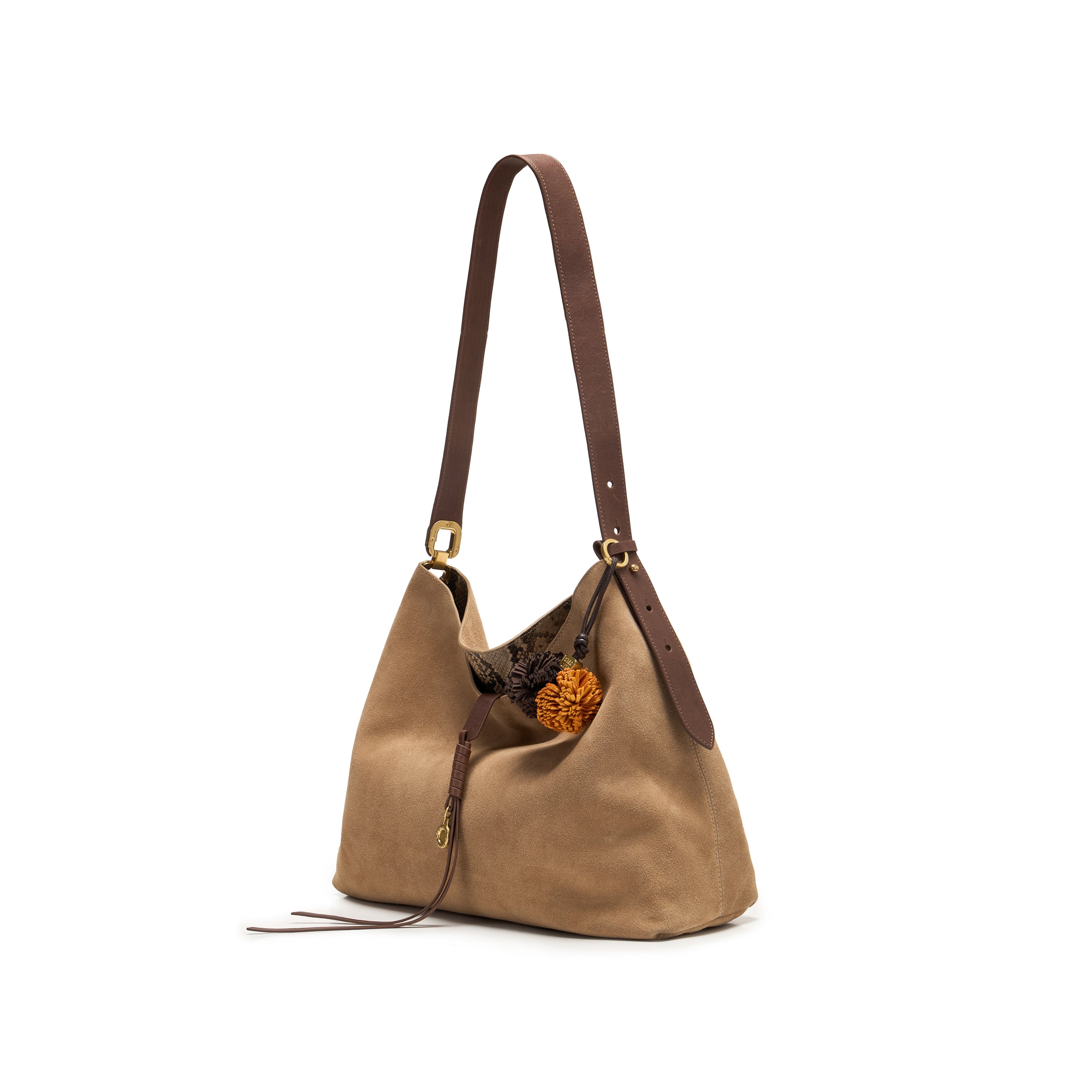 Beige Suede Slouchy Hobo Bag with Fireworks Charm
