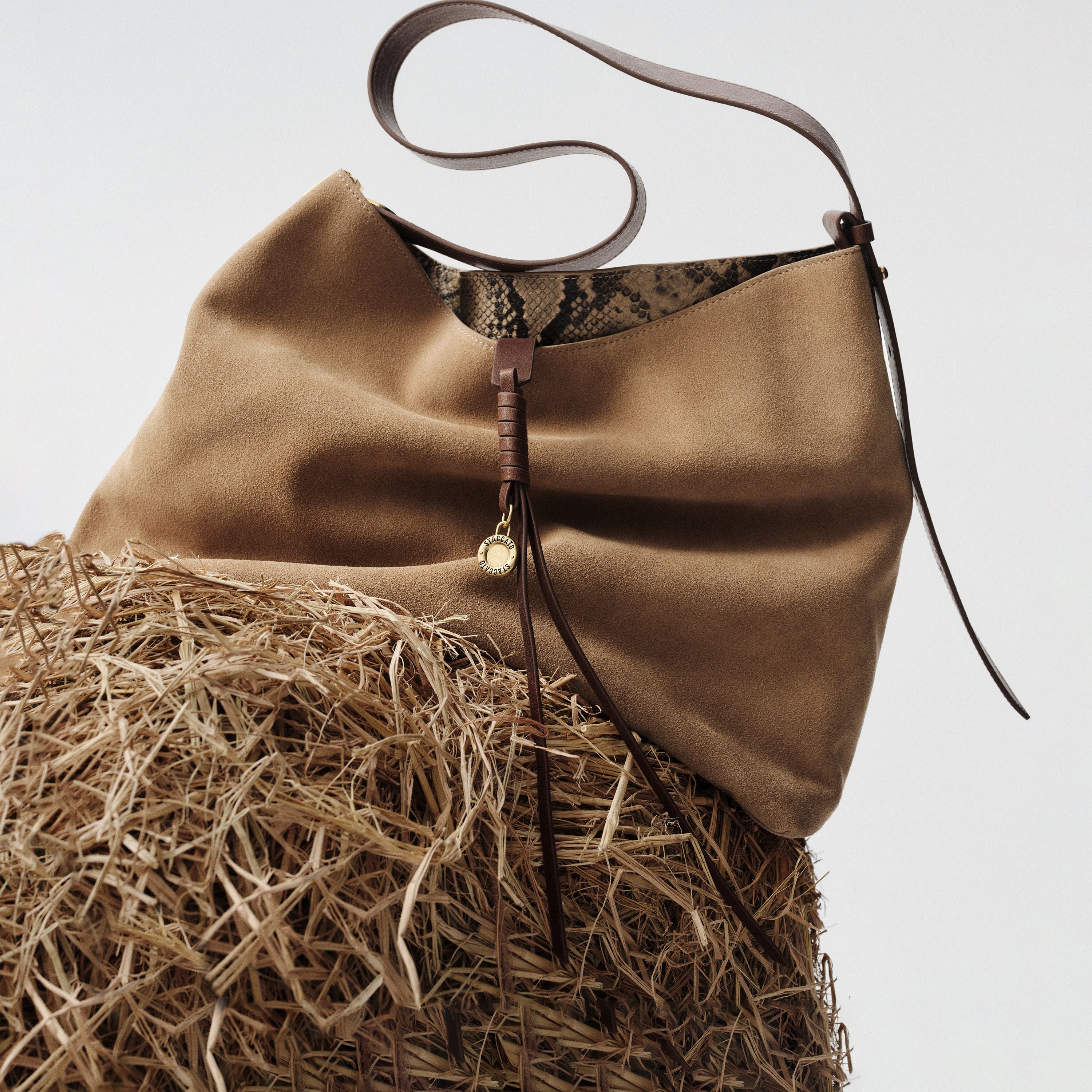 Beige Suede Slouchy Hobo Bag with Fireworks Charm