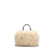 Taupe Fluffy Faux Fur Mini Tote with  Leather Handles & Strap
