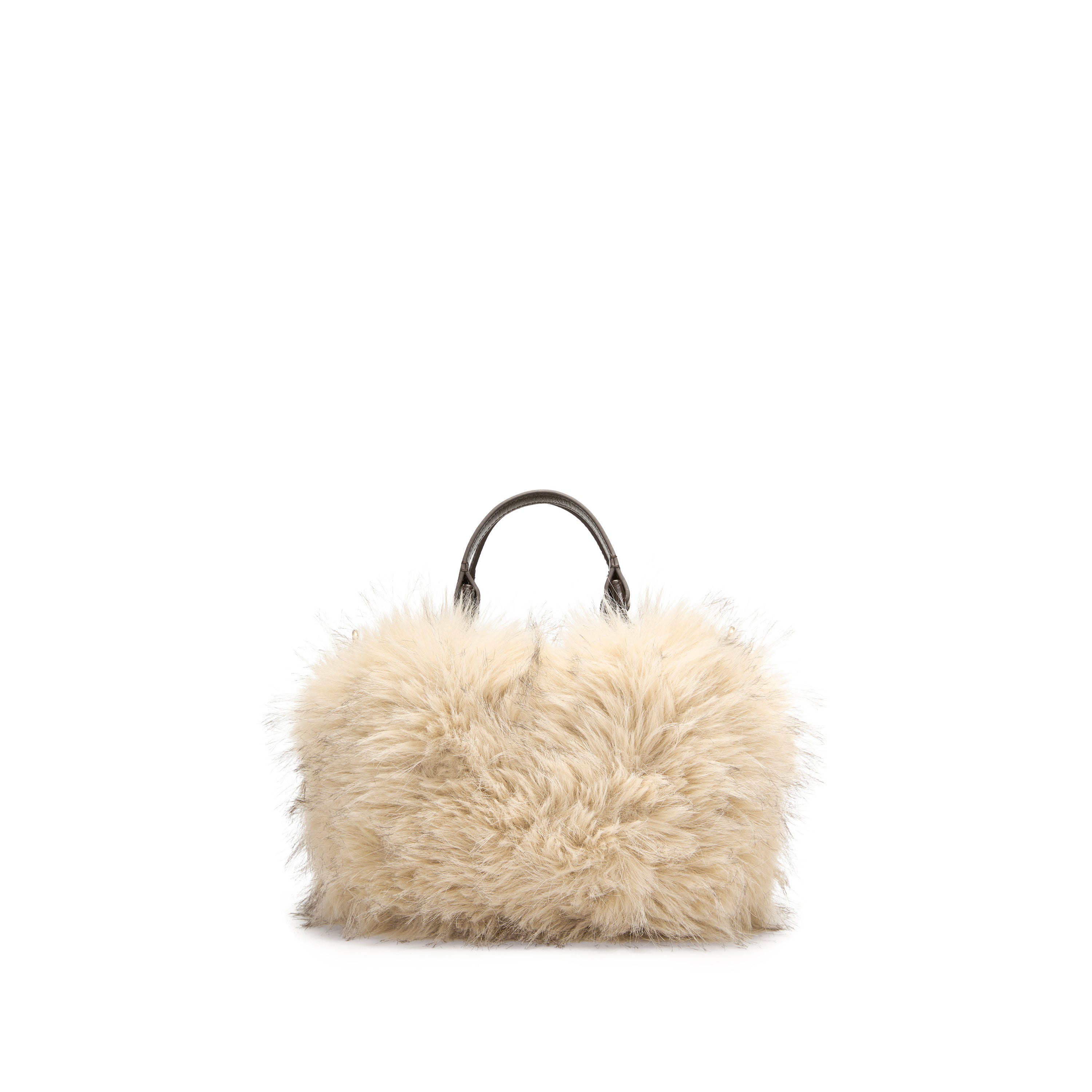 Taupe Fluffy Faux Fur Mini Tote with  Leather Handles & Strap