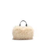Taupe Fluffy Faux Fur Mini Tote with  Leather Handles & Strap