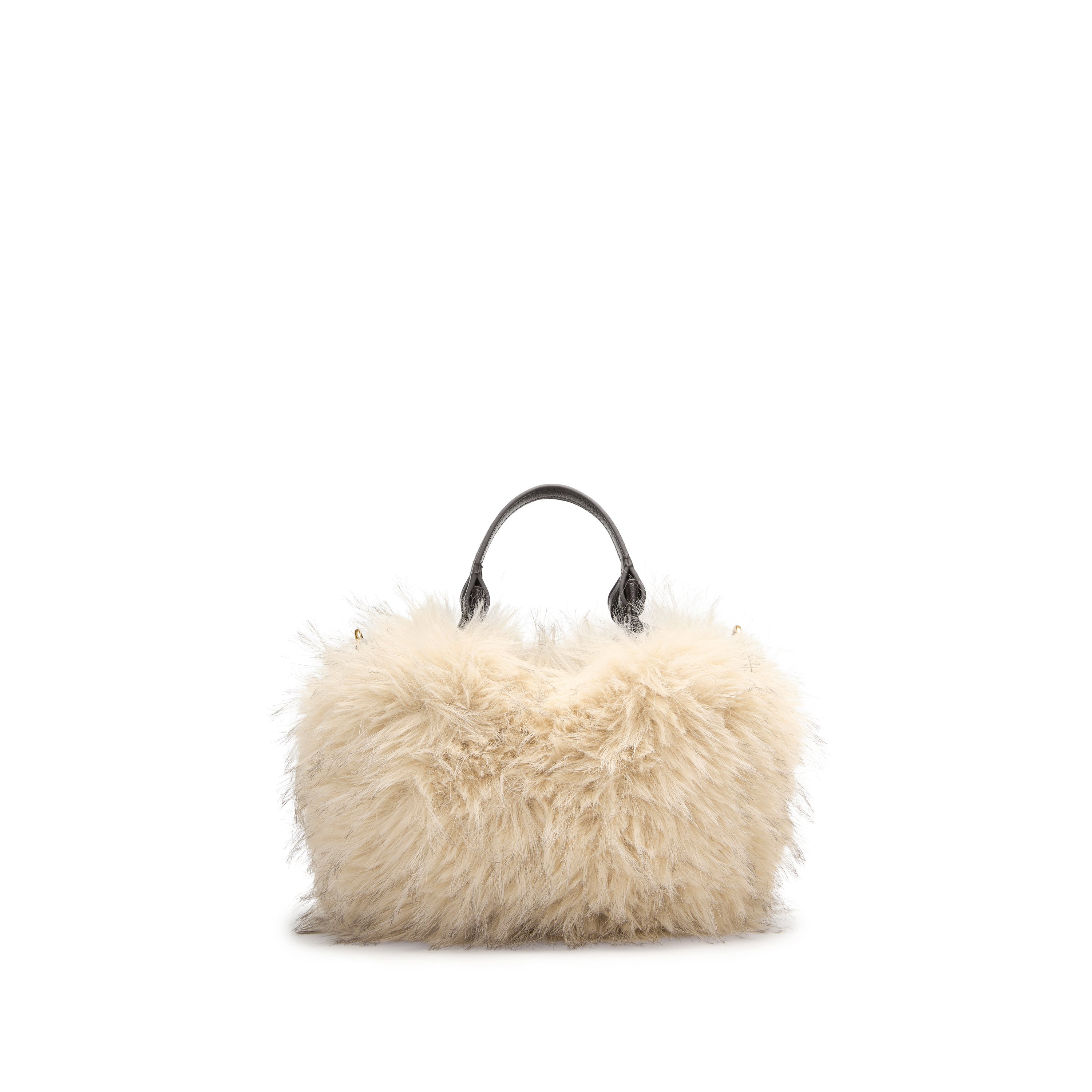 Taupe Fluffy Faux Fur Mini Tote with  Leather Handles & Strap