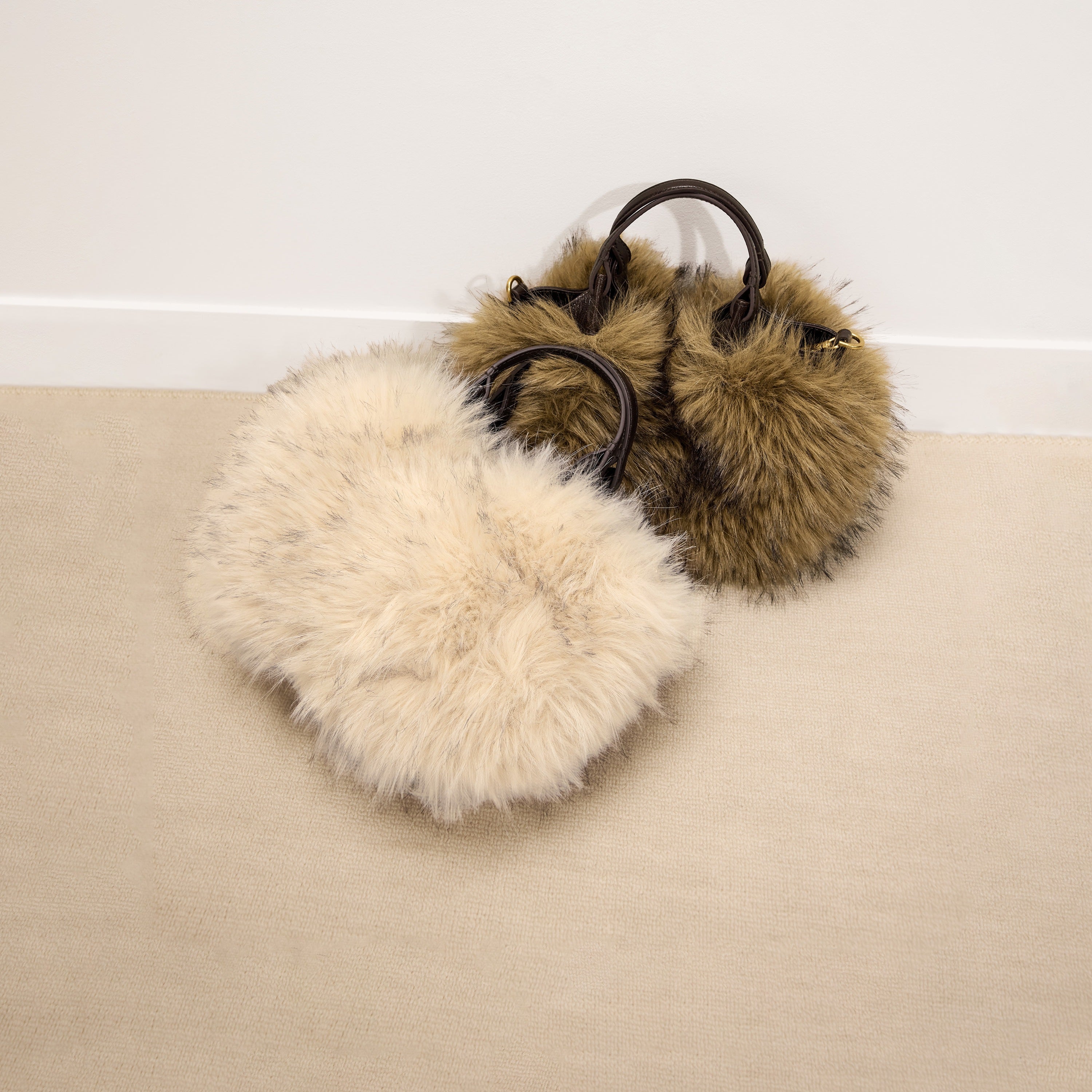 Taupe Fluffy Faux Fur Mini Tote with  Leather Handles & Strap