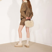 Taupe Fluffy Faux Fur Mini Tote with  Leather Handles & Strap