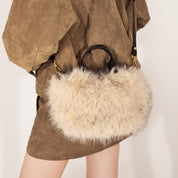 Taupe Fluffy Faux Fur Mini Tote with  Leather Handles & Strap