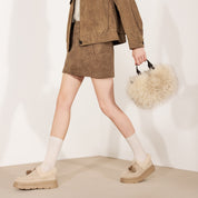 Taupe Fluffy Faux Fur Mini Tote with  Leather Handles & Strap
