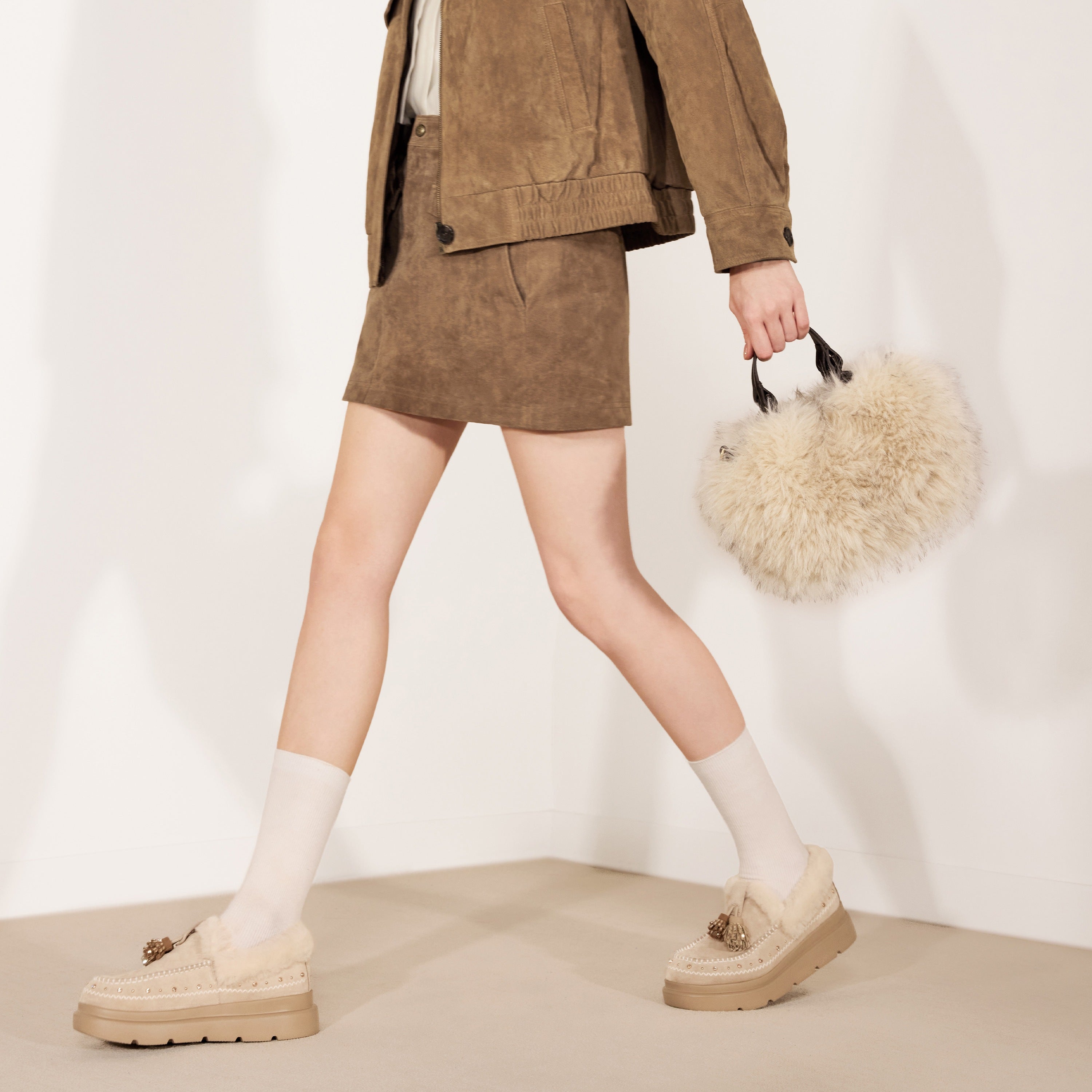 Taupe Fluffy Faux Fur Mini Tote with  Leather Handles & Strap