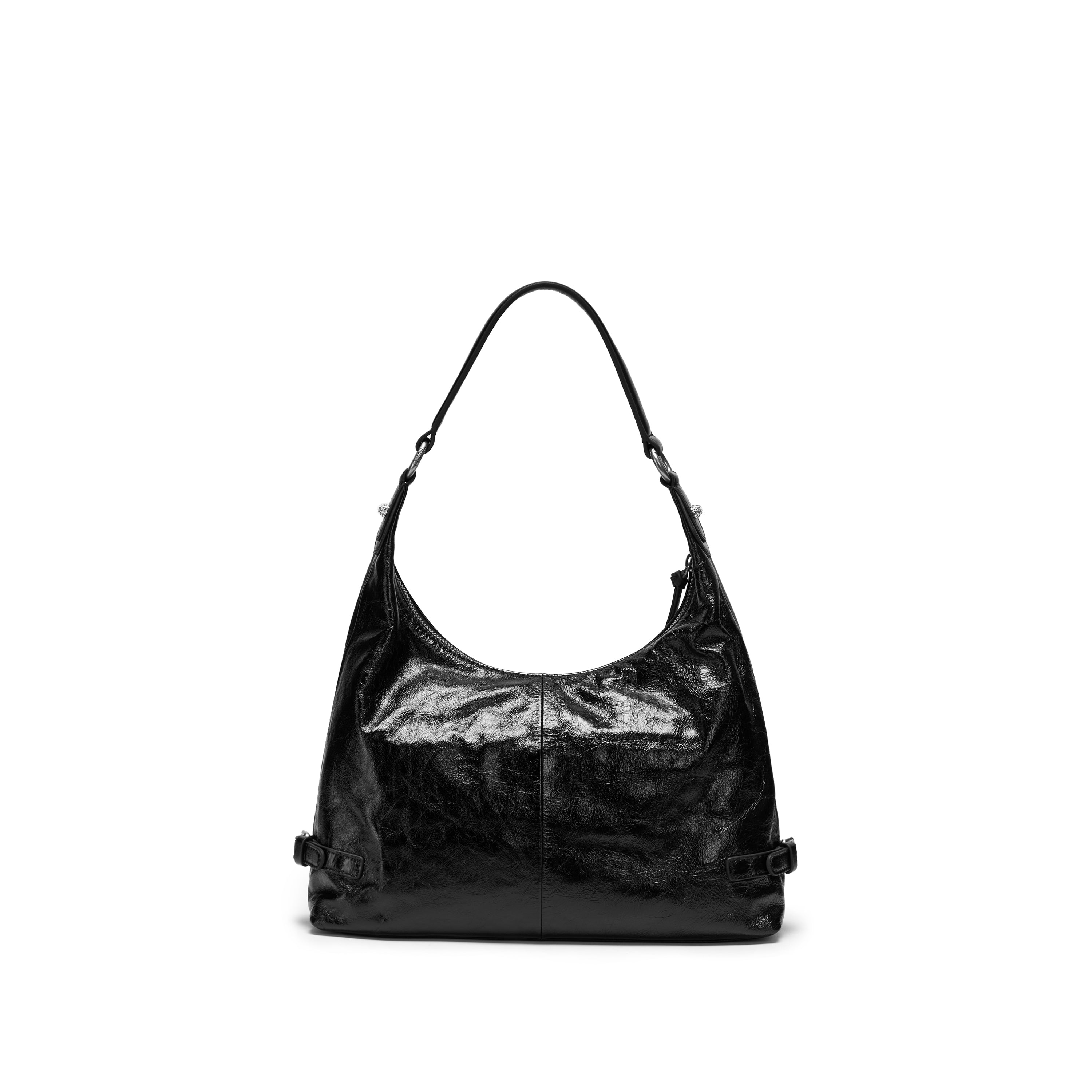 Black Glossy Leather Shoulder Hobo Bag