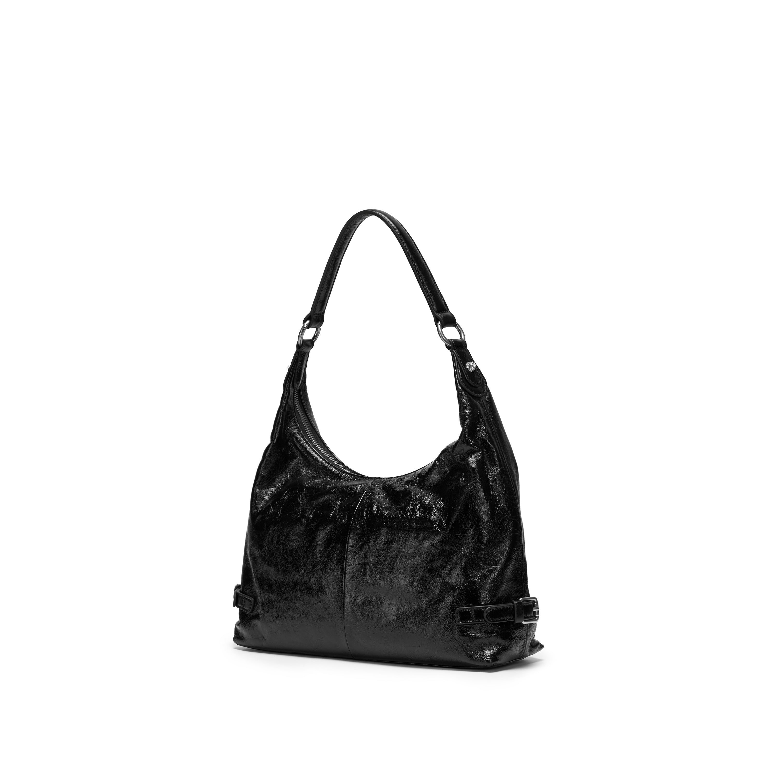 Black Glossy Leather Shoulder Hobo Bag