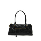 Black Vintage Glossy Leather Satchel Shoulder Bag