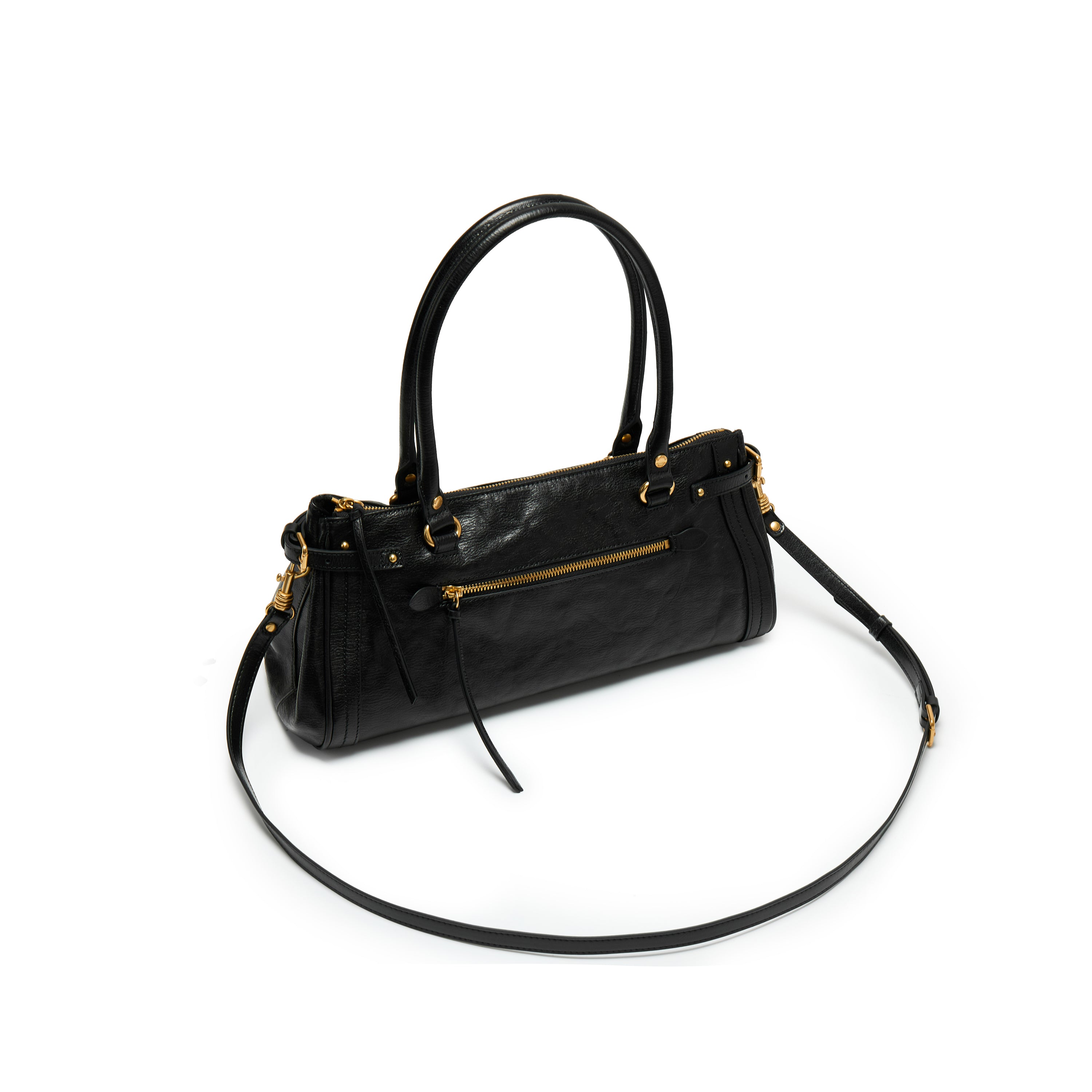 Black Vintage Glossy Leather Satchel Shoulder Bag