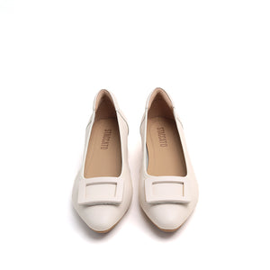 Beige Square Buckle Leather Pumps