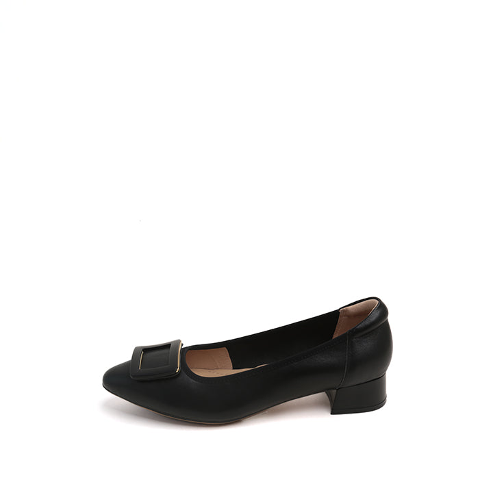 Black Square Buckle Leather Pumps