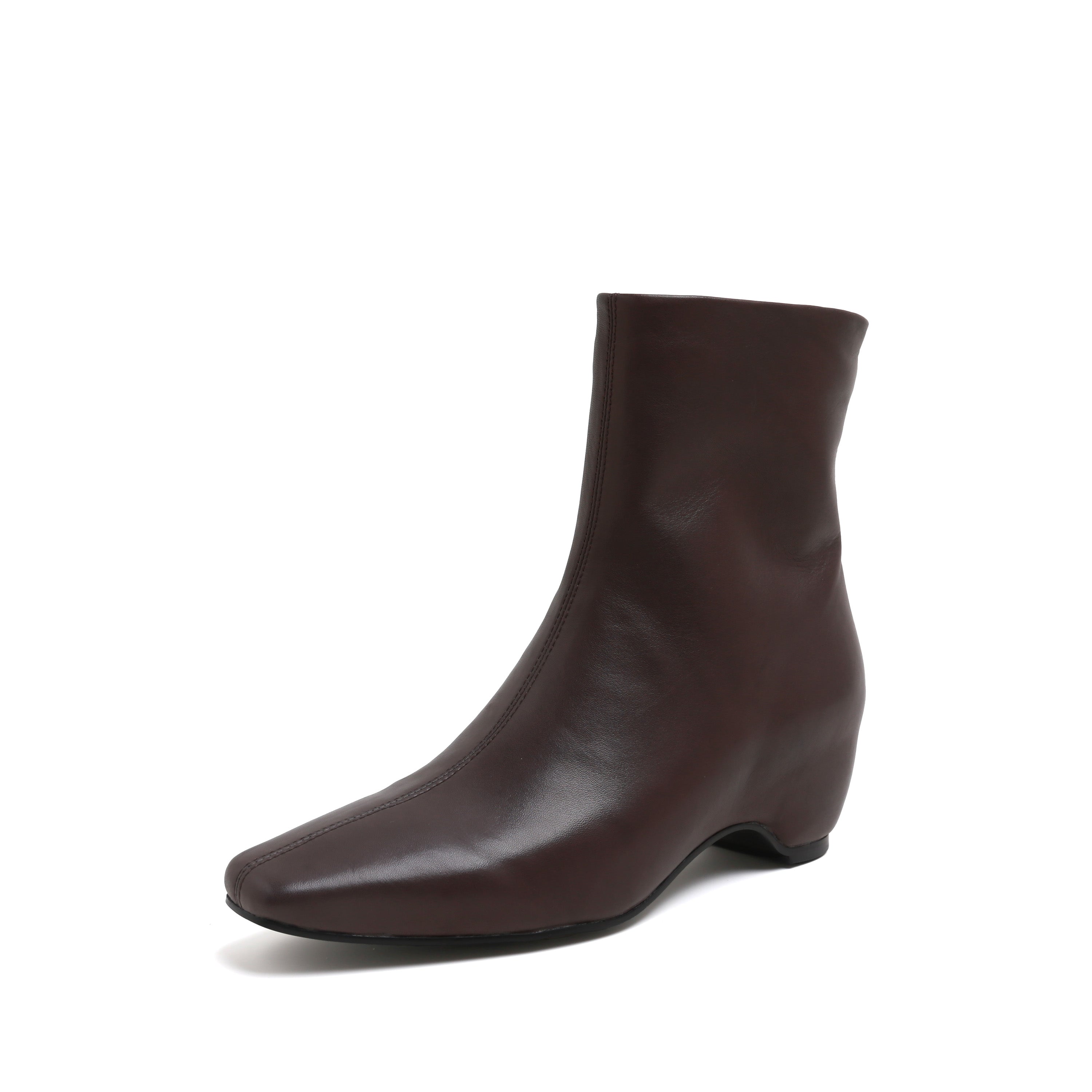 Brown Leather Square-Toe Low Curved Heel Boots