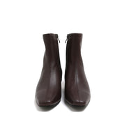 Brown Leather Square-Toe Low Curved Heel Boots
