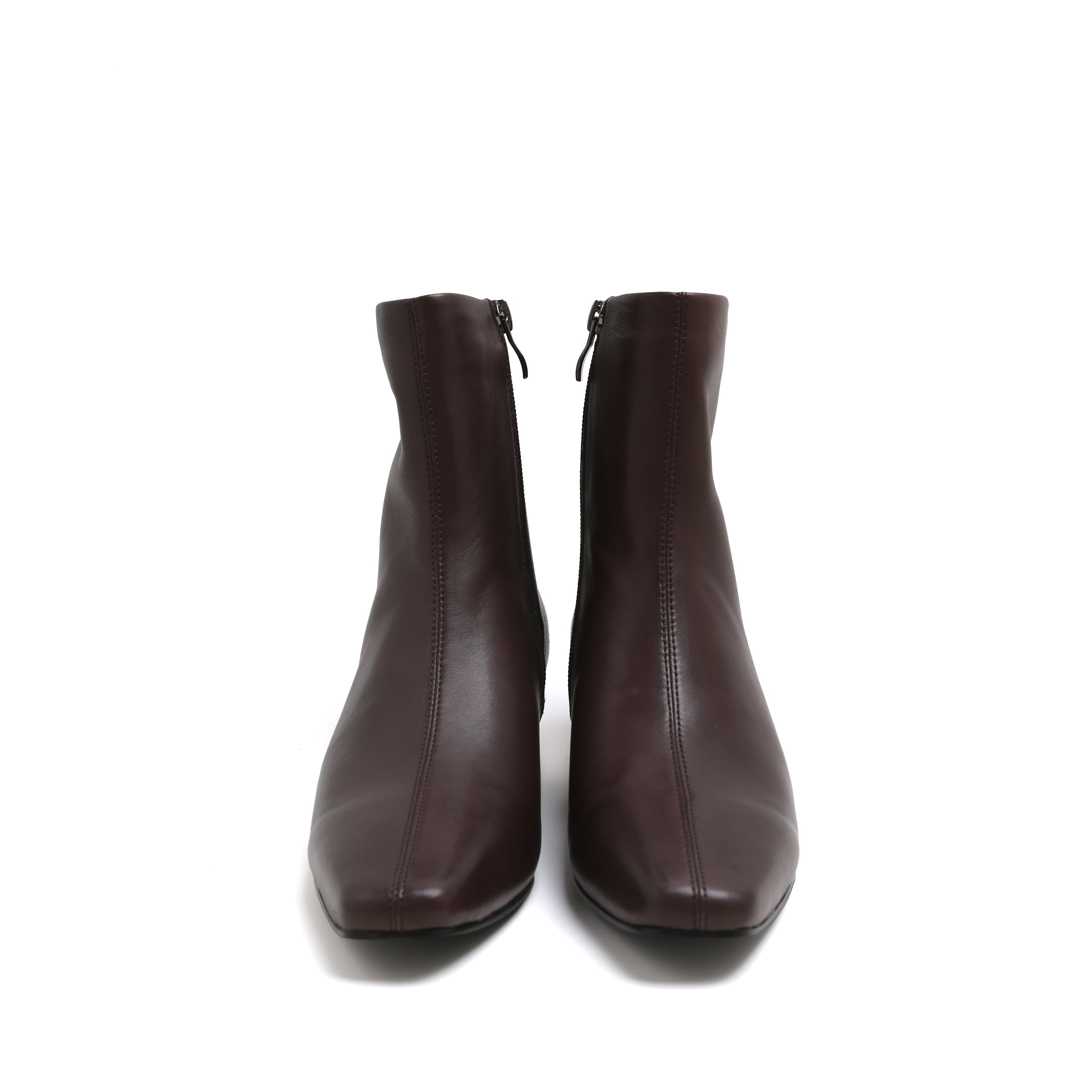 Brown Leather Square-Toe Low Curved Heel Boots
