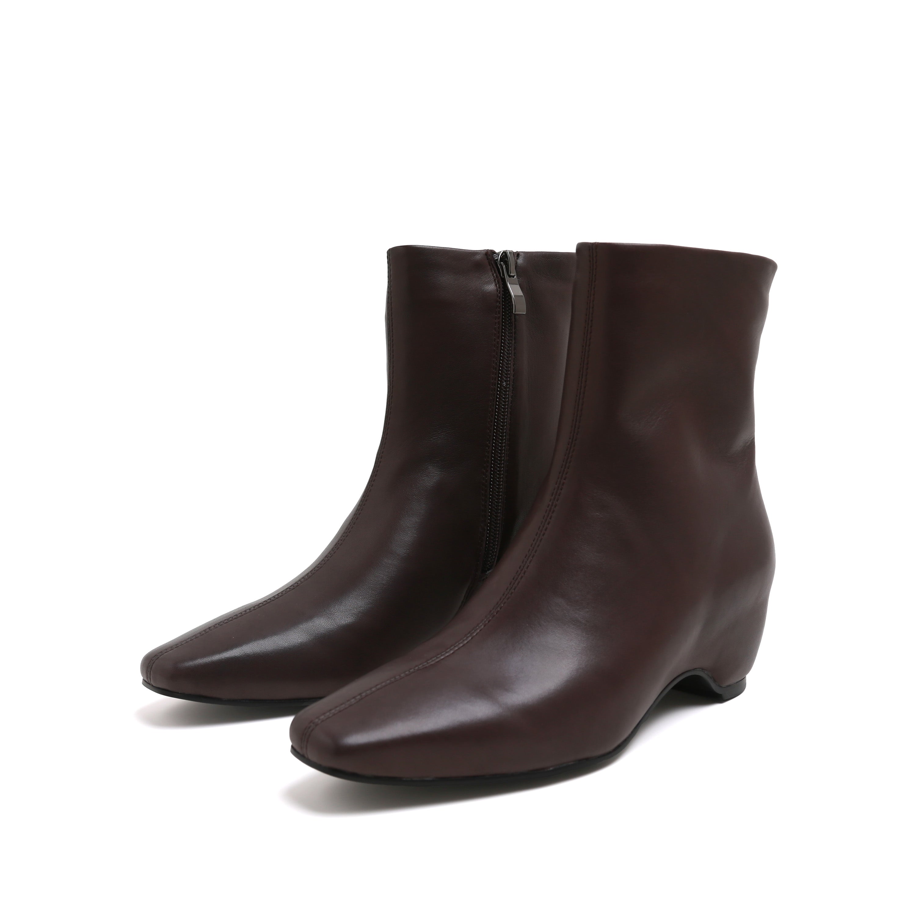 Brown Leather Square-Toe Low Curved Heel Boots