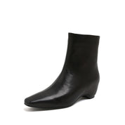Black Leather Square-Toe Low Curved Heel Boots