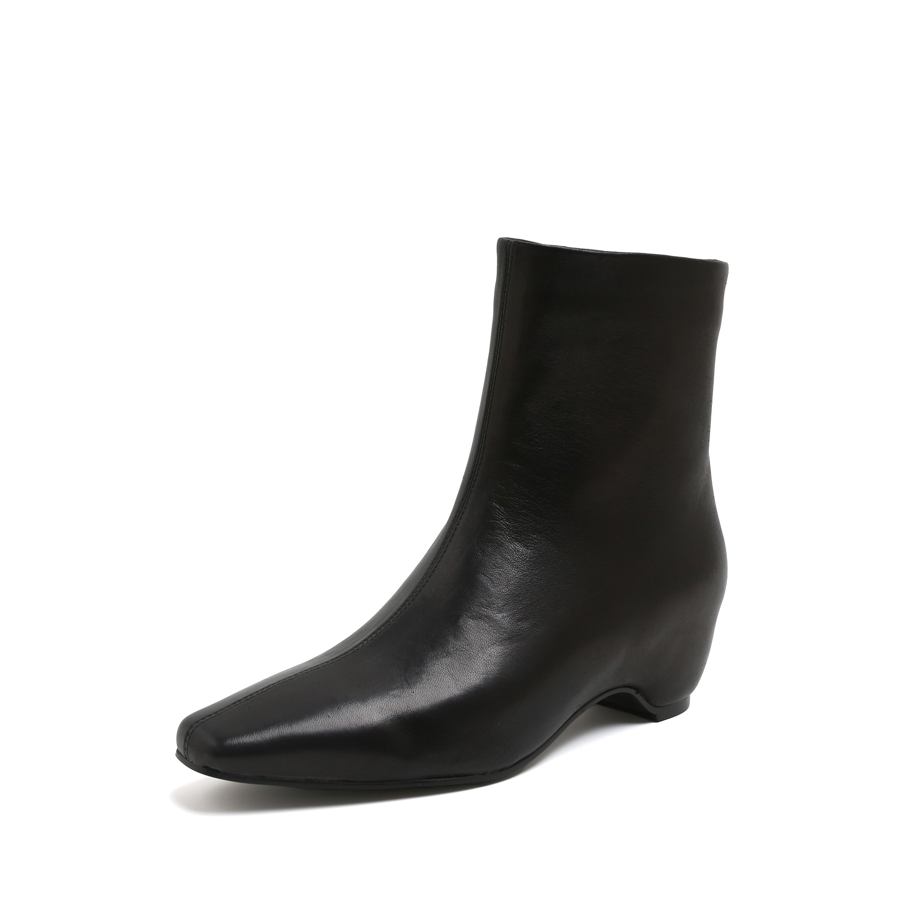 Black Leather Square-Toe Low Curved Heel Boots
