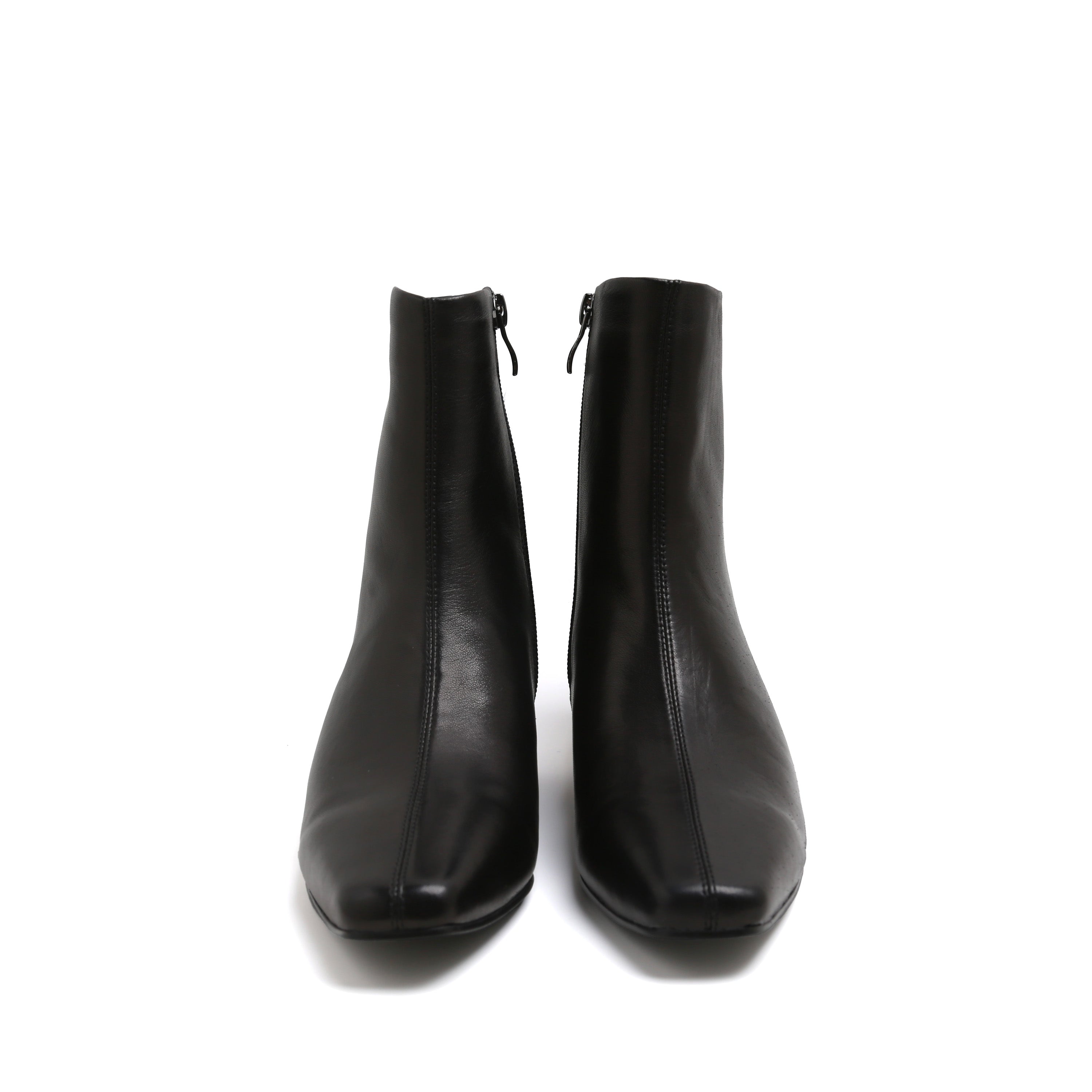Black Leather Square-Toe Low Curved Heel Boots