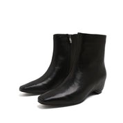 Black Leather Square-Toe Low Curved Heel Boots