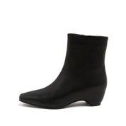 Black Leather Square-Toe Low Curved Heel Boots