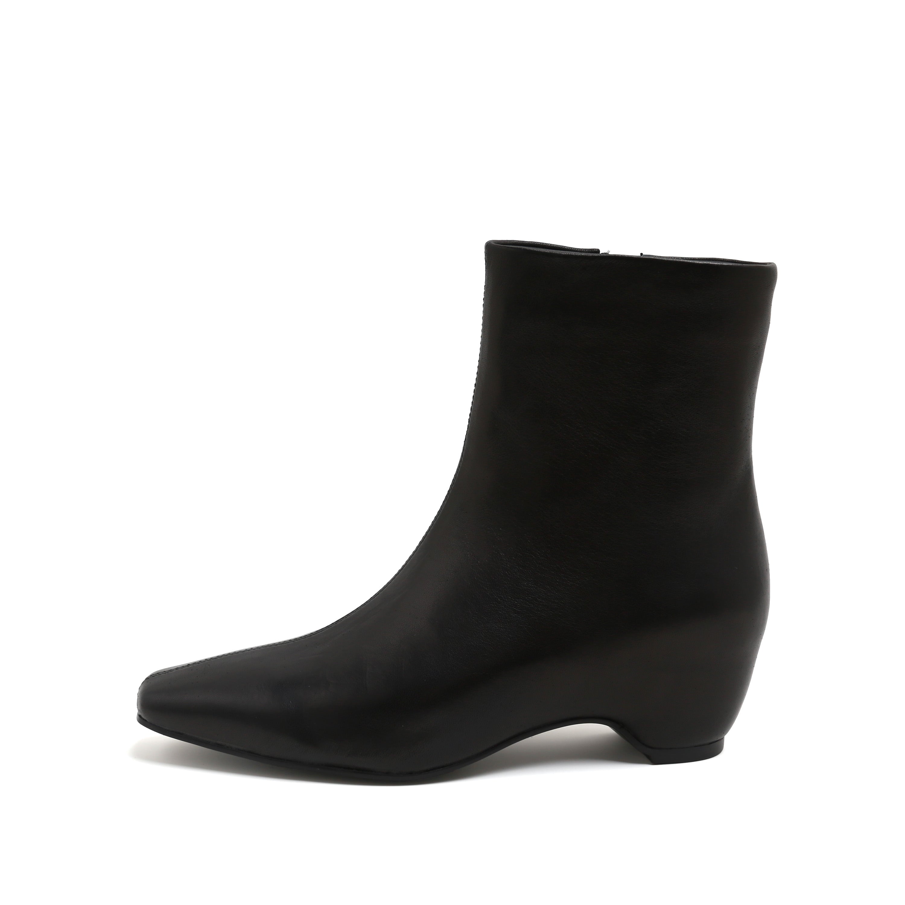 Black Leather Square-Toe Low Curved Heel Boots