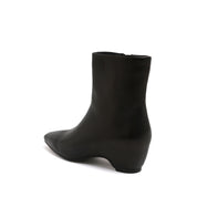 Black Leather Square-Toe Low Curved Heel Boots