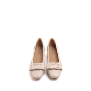 Beige Buckle Bow Square Head Pumps