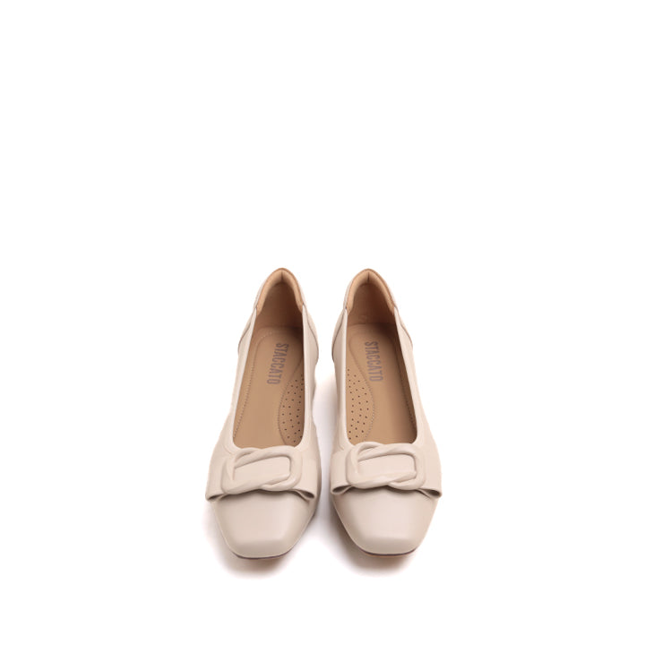 Beige Buckle Bow Square Head Pumps