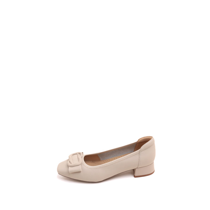 Beige Buckle Bow Square Head Pumps