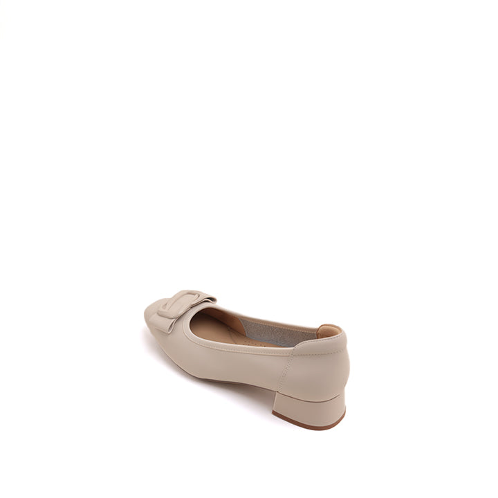 Beige Buckle Bow Square Head Pumps