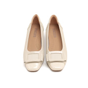 Beige Bow Square Buckle Pumps
