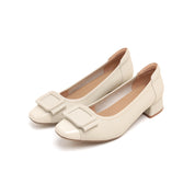 Beige Bow Square Buckle Pumps