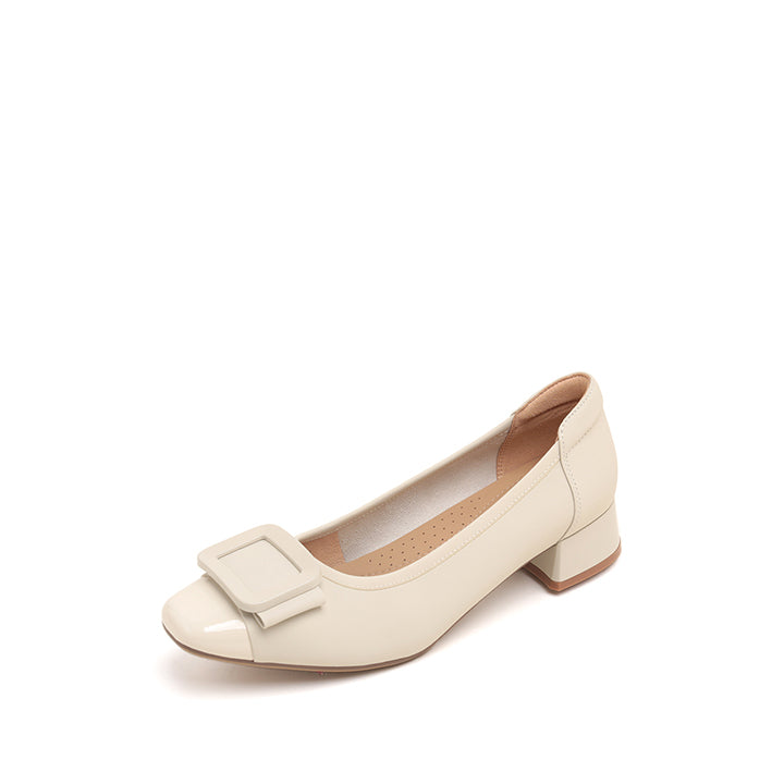 Beige Bow Square Buckle Pumps