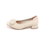 Beige Bow Square Buckle Pumps