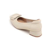 Beige Bow Square Buckle Pumps