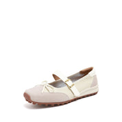 Beige Mary Jane Sneakers with White Bow
